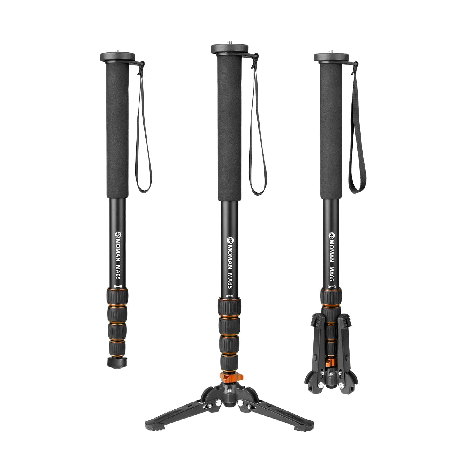Einbeinstativ, Moman MA65 Kamera Stativ mit Füßen Aluminium Reisestativ DSLR Monopod Kompakter Tragbarer Fotografie Einbein-Stative 5 Abschnitte bis zu 165cm Nutzlast 10kg, Schwarz Orange Einbeinstativ Schwarz Orange 165cm