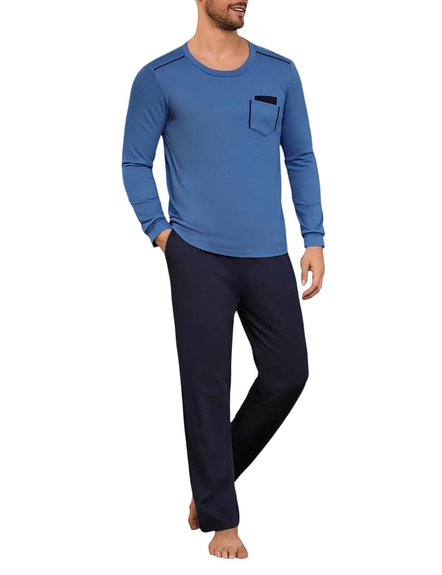 Uniexcosm Schlafanzug Herren Lang Pyjama Set Zweiteiler Herbst Winter Nachtwäsche aus Baumwolle Rundhals Langarm Oberteil und Pyjamahose Schlafanzüge für Männer
