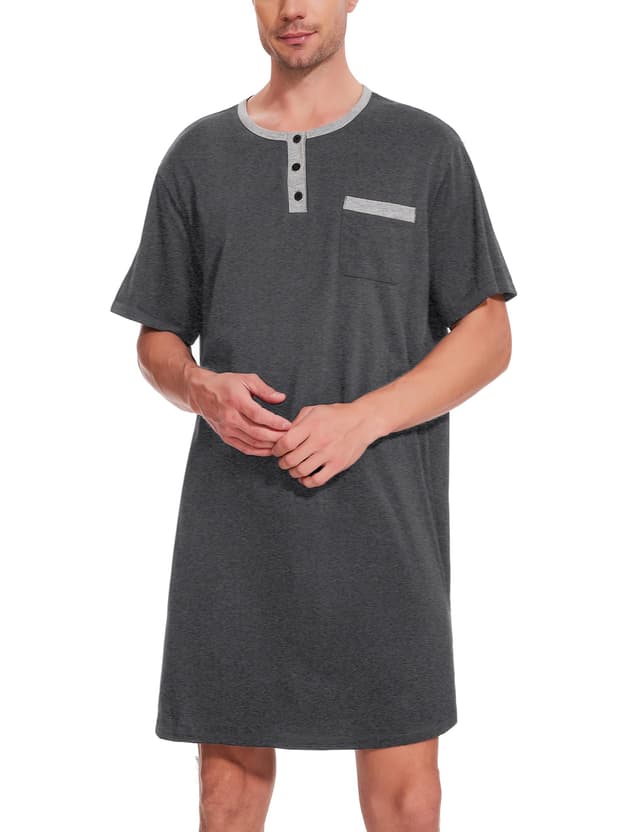 Uniexcosm Nachthemd Herren Kurzarm Schlafshirt Rundhals Einteiliger Schlafanzugoberteile Pyjama Tops Bequem Nachtwäsche Sleepshirt mit Knopfleiste und Brusttasche Dunkelgrau M