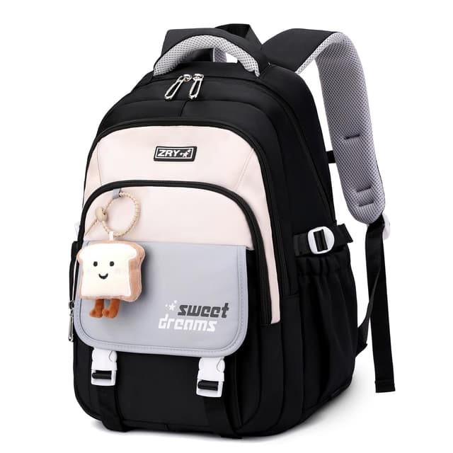 Amythe Schulrucksack Teenager - 36L Schulranzen für Mädchen ab 5. Klasse, Großer Rucksack für Mittel- und Oberstufe, Lässiger Kinderrucksack mit Süßem Anhänger und Trolleyband, Schwarz