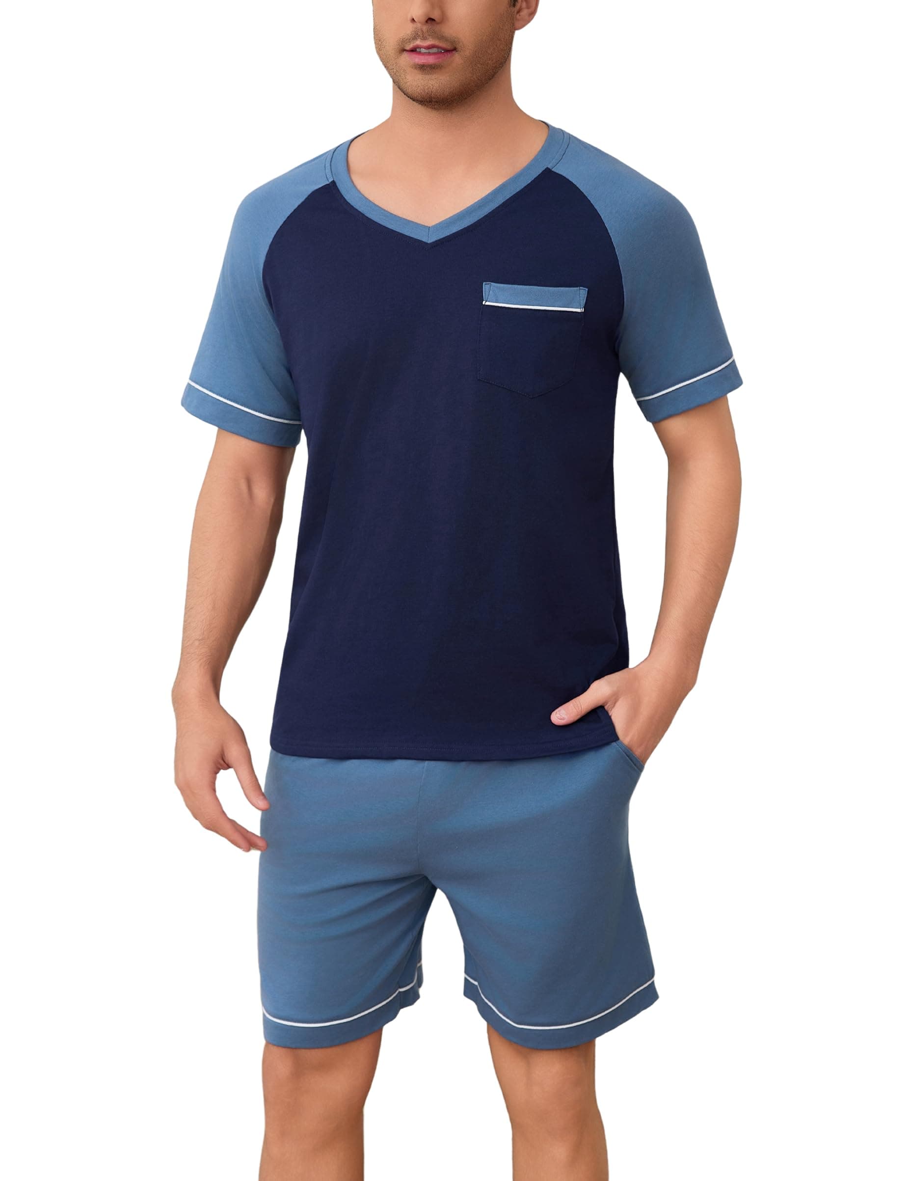Irdcomps Schlafanzug Herren Pyjama Kurz Shorty Sommer Baumwolle Nachtwäsche Set Kurzarm Männer Schlafanzüge Dunkelblau XL
