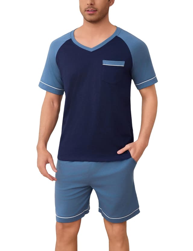 Irdcomps Schlafanzug Herren Pyjama Kurz Shorty Sommer Baumwolle Nachtwäsche Set Kurzarm Männer Schlafanzüge Dunkelblau XL
