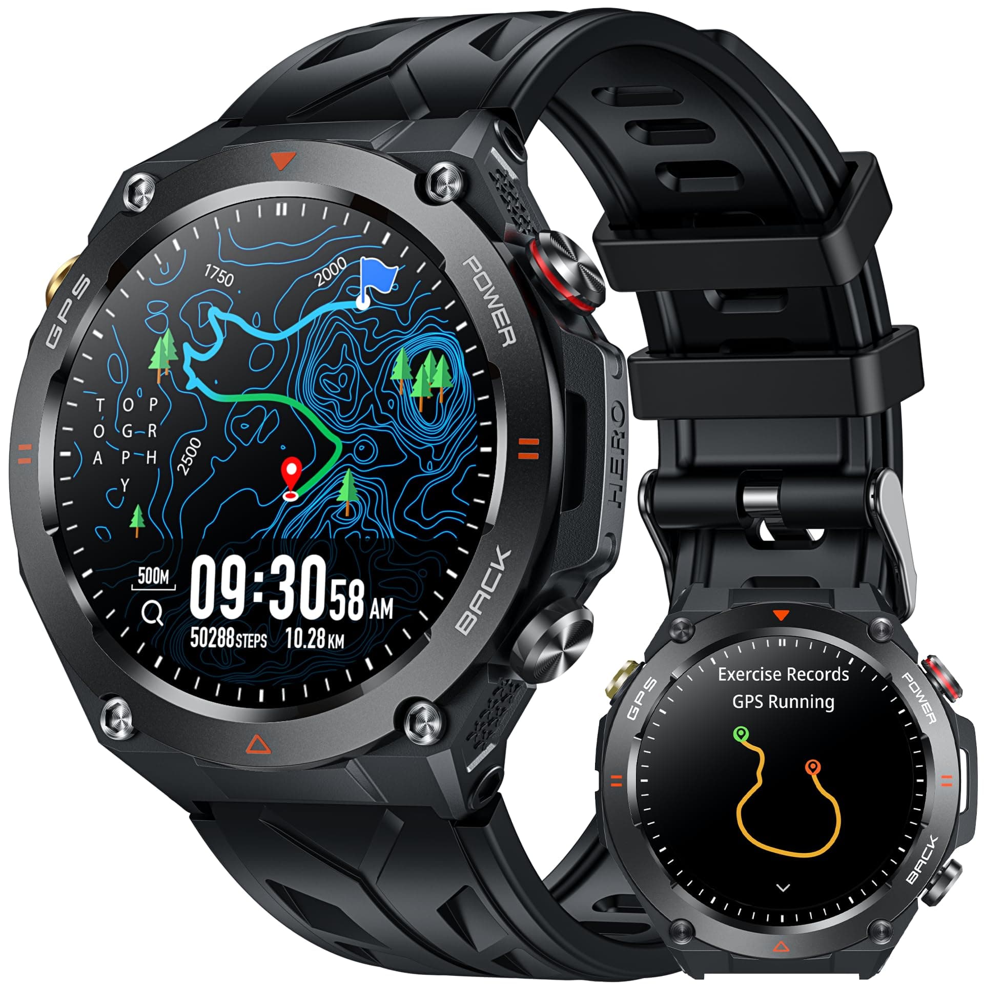 GPS Smartwatch Herren Fitnessuhr Armbanduhr: Schwarz Uhr Kompass Luftdruck Telefonfunktion Schlafmonitor Herzfrequenz Blutdruck Schrittzähler Sportuhr Wasserdicht 1,45" Touchscreen 650mAh Akkulaufzeit