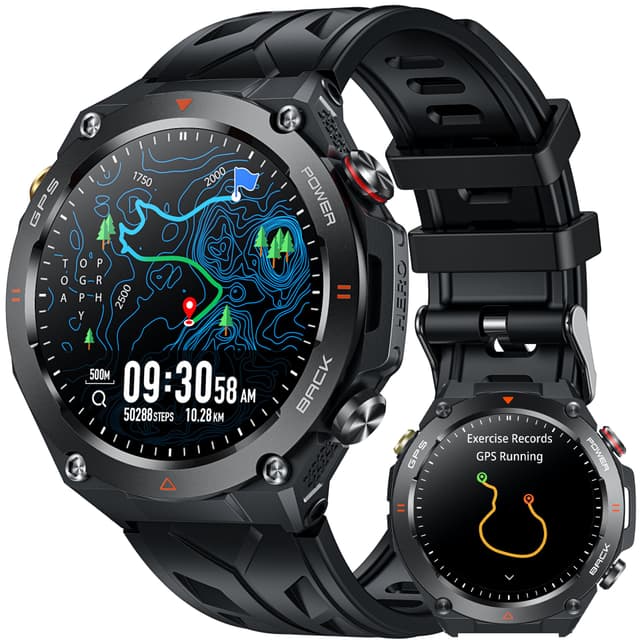 GPS Smartwatch Herren Fitnessuhr Armbanduhr: Schwarz Uhr Kompass Luftdruck Telefonfunktion Schlafmonitor Herzfrequenz Blutdruck Schrittzähler Sportuhr Wasserdicht 1,45" Touchscreen 650mAh Akkulaufzeit