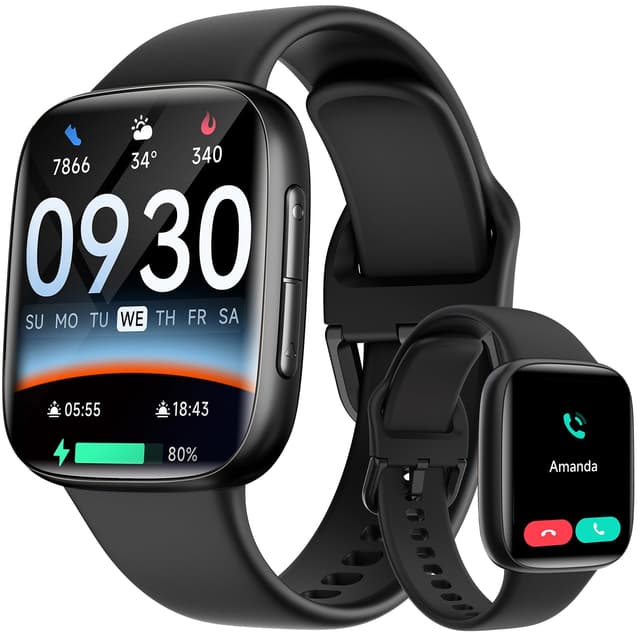 Smartwatch Herren Damen, 1,85"-AMOLED-Bildschirm Smart watch mit Telefonfunktion, 100+ Sportmodi, Fitness Tracker, Pulsmesser, Schlafmonitor, Schrittzähler, 3ATM wasserdicht Sportuhr für Android & iOS Schwarz