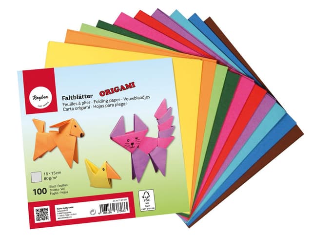 RAYHER HOBBY 71831000 Origami Faltblätter, 100 Blatt sortiert, 10 Farben beidseitig, Basistöne, Bastel Faltpapier für Kinder und Erwachsene, 15 x 15 cm, 80g/m2 15x15 cm Bunt Dunkel
