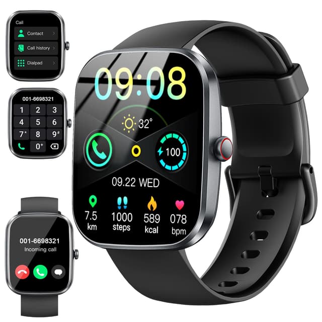 Smartwatch Damen Herren, 1.91'' Zoll HD Smart Watch mit Bluetooth Anrufe, Fitness Tracker mit 110+ Sportmodi, Herzfrequenz SpO2 Schlafmonitor Schrittzähler, IP68 Wasserdicht Fitnessuhr für Android iOS A-Tiefschwarz