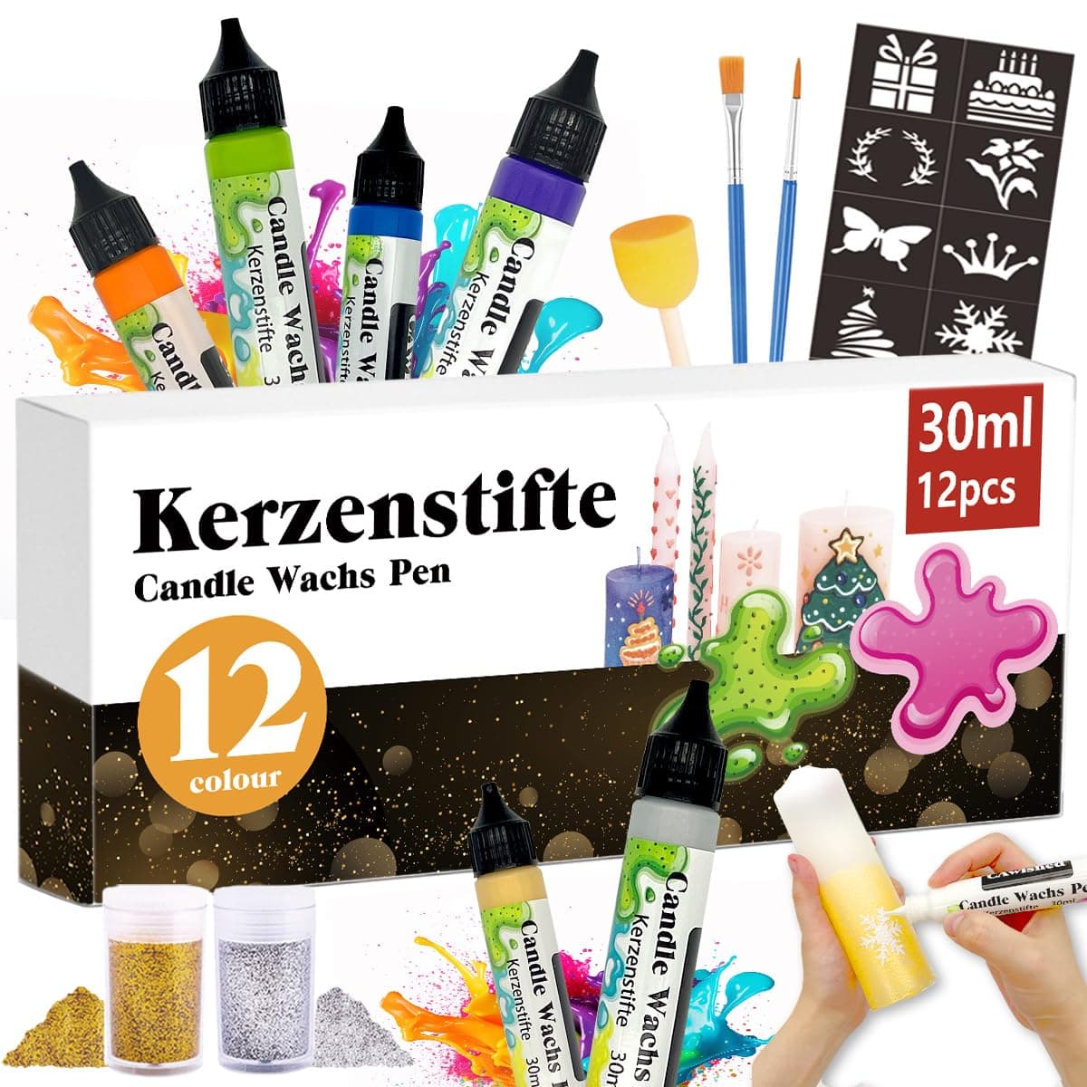 30ml Kerzenstifte Wachsstifte Für Kerzen mit Feiner Glitzer Gold Silber Kerzen Bemalen Set Candle Wachs Pen für Ideal zum Kerzen Dekorieren & Gestalten Kerzenfarbe (12-Farben)