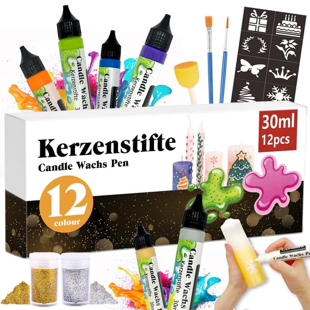 30ml Kerzenstifte Wachsstifte Für Kerzen mit Feiner Glitzer Gold Silber Kerzen Bemalen Set Candle Wachs Pen für Ideal zum Kerzen Dekorieren & Gestalten Kerzenfarbe (12-Farben)