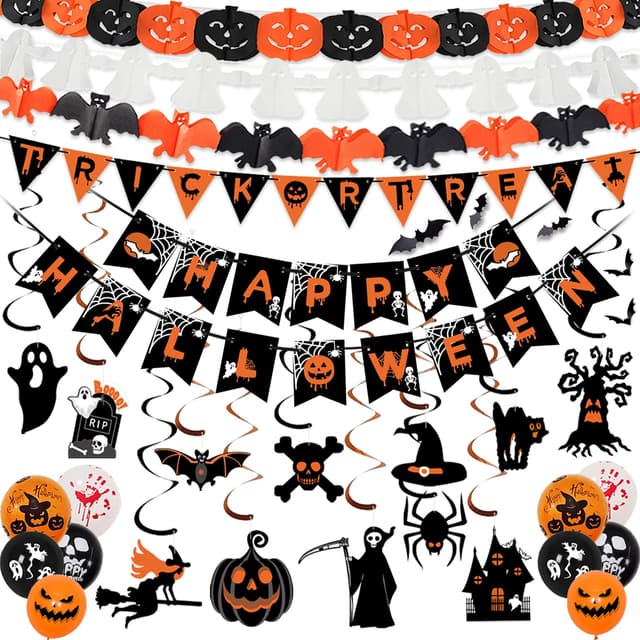 AMLOOPH Halloween Deko Innen Set - Gruselige Party Dekoration Mit Wiederverwendbarer Girlande, Banner, Luftballons, Fledermaus, Geist, Kürbis für Türdeko Halloween Banner and Hängedeko