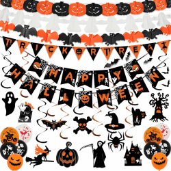 AMLOOPH Halloween Deko Innen Set - Gruselige Party Dekoration Mit Wiederverwendbarer Girlande, Banner, Luftballons, Fledermaus, Geist, Kürbis für Türdeko Halloween Banner and Hängedeko