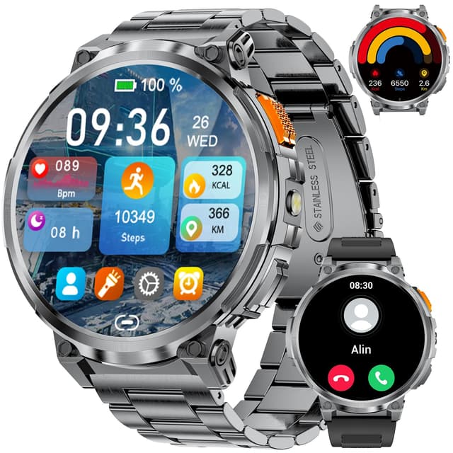 LIGE Smartwatch Herren 730mAh Akku, 1,85" HD Display Bluetooth Telefonfunktion Smart Watch mit Taschenlampe, 130+ Sportmodi Fitnessuhr, SpO2/Herzfrequenz/Blutdruckmessung/Schlafmonitor für Android iOS FV6-H