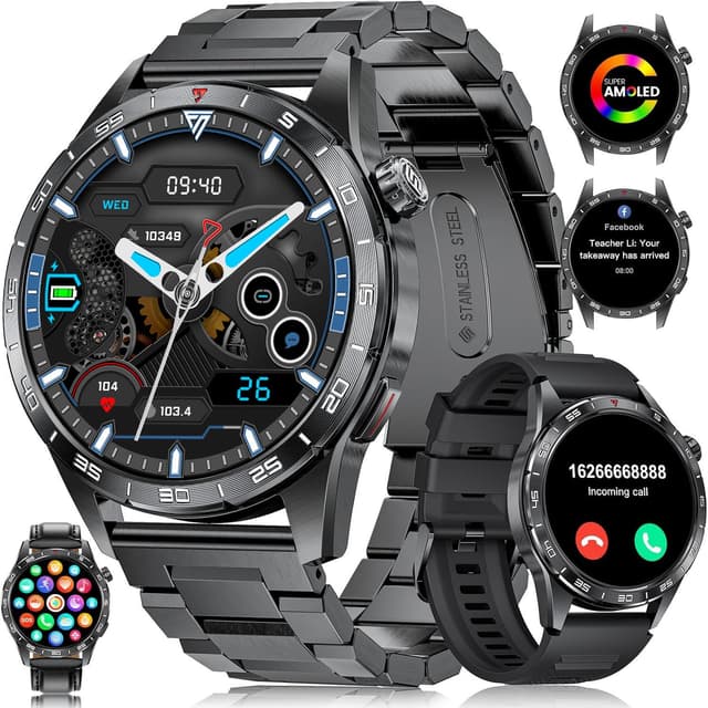 LIGE Smartwatch Herren mit Metallband für Android iOS,1.43'' Amoled Display,110+ Sportmodi,Bluetooth-Anrufe,IP68 Wasserdicht Fitnessuhr mit Herzfrequenz, SpO2, Schlafmonitor,3 Armbänder Tiefschwarz