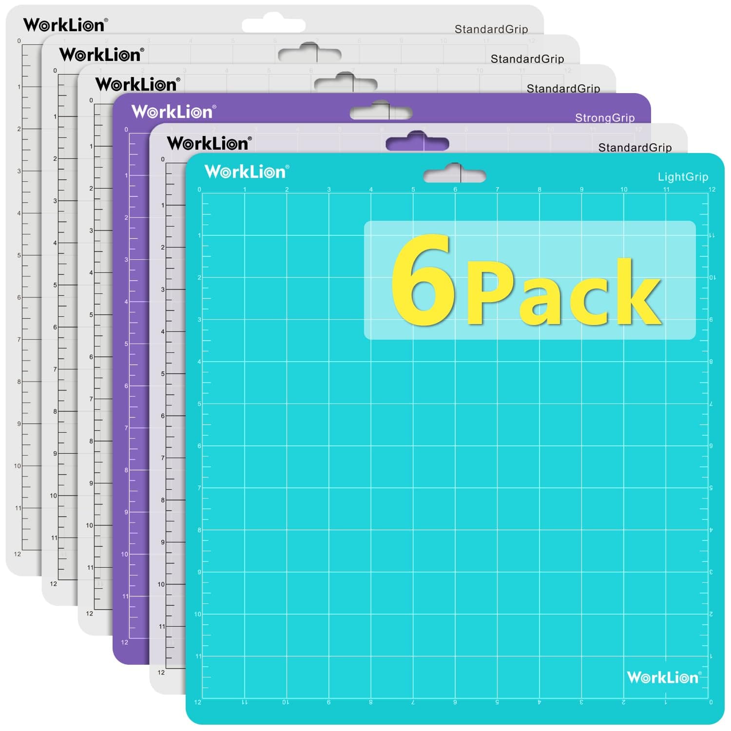 Worklion Schneidematte für Silhouette Cameo 4/5/3/2/1 verschiedene selbstklebende Quilt-Schneidematten Ersatz für Silhouette Cameo Zubehör (4 StandardGrip, 1LightGrip, 1StrongGrip) Sorte 6er-pack