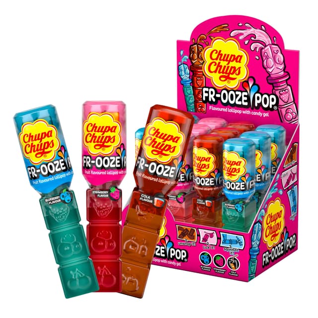 Chupa Chups Frooze Pops, Thekendisplay enthält 12 Lollis mit Candy-Gel zum Rausdrücken in den 3 Sorten Blaubeere, Erdbeere und Cola, geeignet für Geburtstag, 12 x 26g