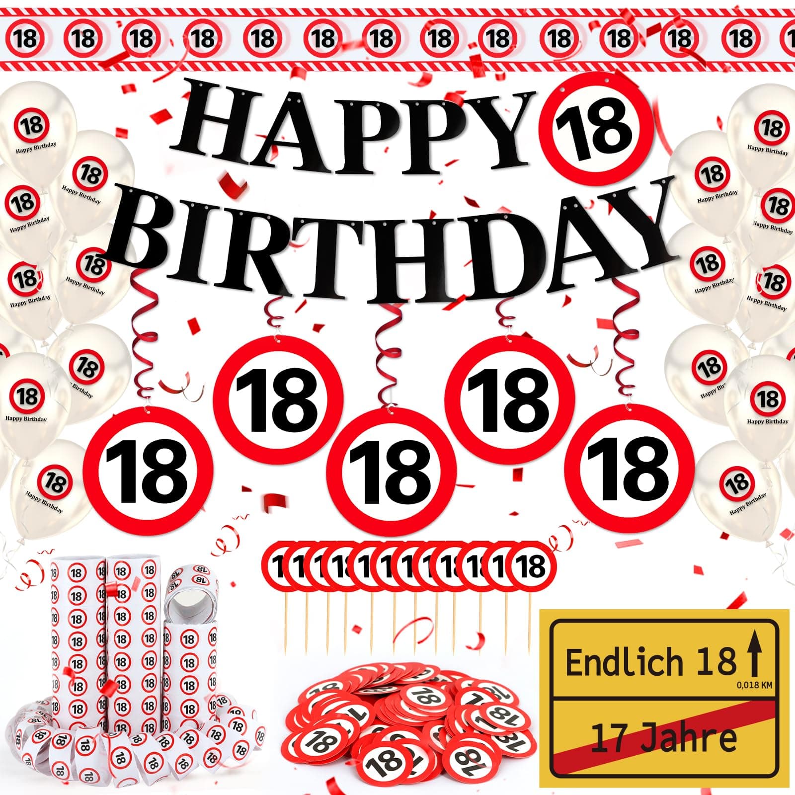 WenmthG 18 Geburtstag Deko, Deko 18. Geburtstag Junge Mädchen, 18 Geburtstagsdeko mit Banner, Konfetti, Luftballons, Luftschlangen, Absperrband - Verkehrsschild zum Partyzubehör