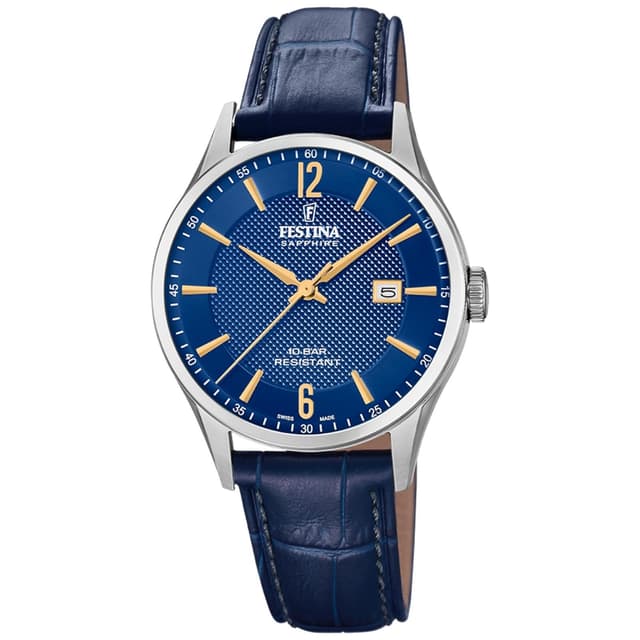 Festina Uhr Für Herren F20007/3 Swiss Made Silber Edelstahl Case BlauLeder Band