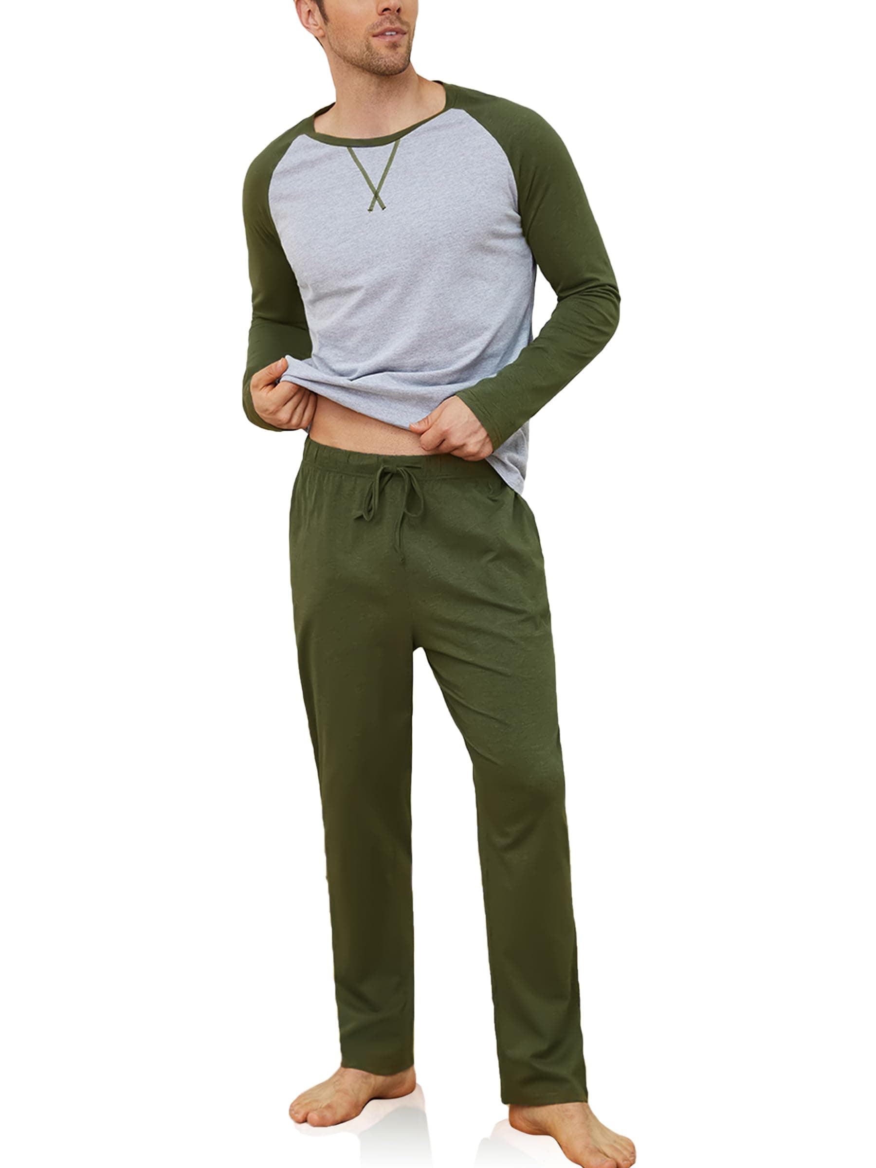 Reliwel Schlafanzug Herren Lang Baumwolle Pyjama Herren Zweiteiliges Set Raglan Langarm Shirt & Schlafanzughose mit Tasche Nachtwäsche Männer Hausanzug Sleepwear