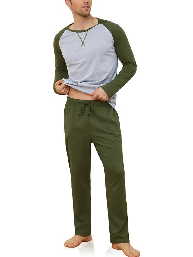 Reliwel Schlafanzug Herren Lang Baumwolle Pyjama Herren Zweiteiliges Set Raglan Langarm Shirt & Schlafanzughose mit Tasche Nachtwäsche Männer Hausanzug Sleepwear