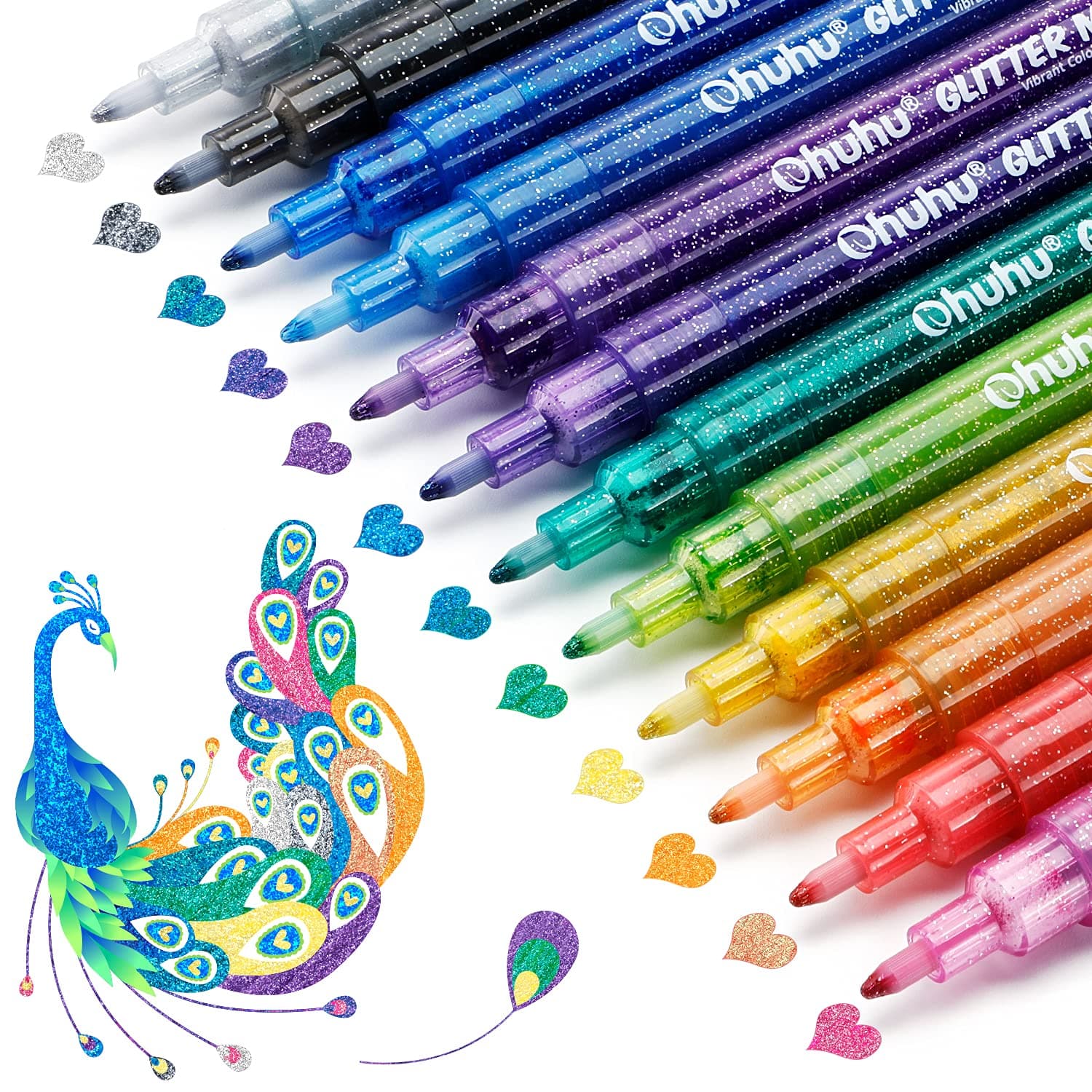Glitzerstifte 12 Farben, Ohuhu 0.7mm Wasserbasis Glitzer Filzstifte für Mädchen Glitzer Basteln Karten basteln Album Scrapbooking Steine Keramik Glas Tassen Holz Zeichnung Färbung