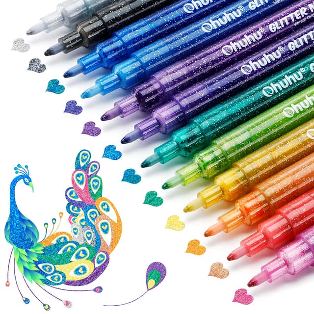 Glitzerstifte 12 Farben, Ohuhu 0.7mm Wasserbasis Glitzer Filzstifte für Mädchen Glitzer Basteln Karten basteln Album Scrapbooking Steine Keramik Glas Tassen Holz Zeichnung Färbung