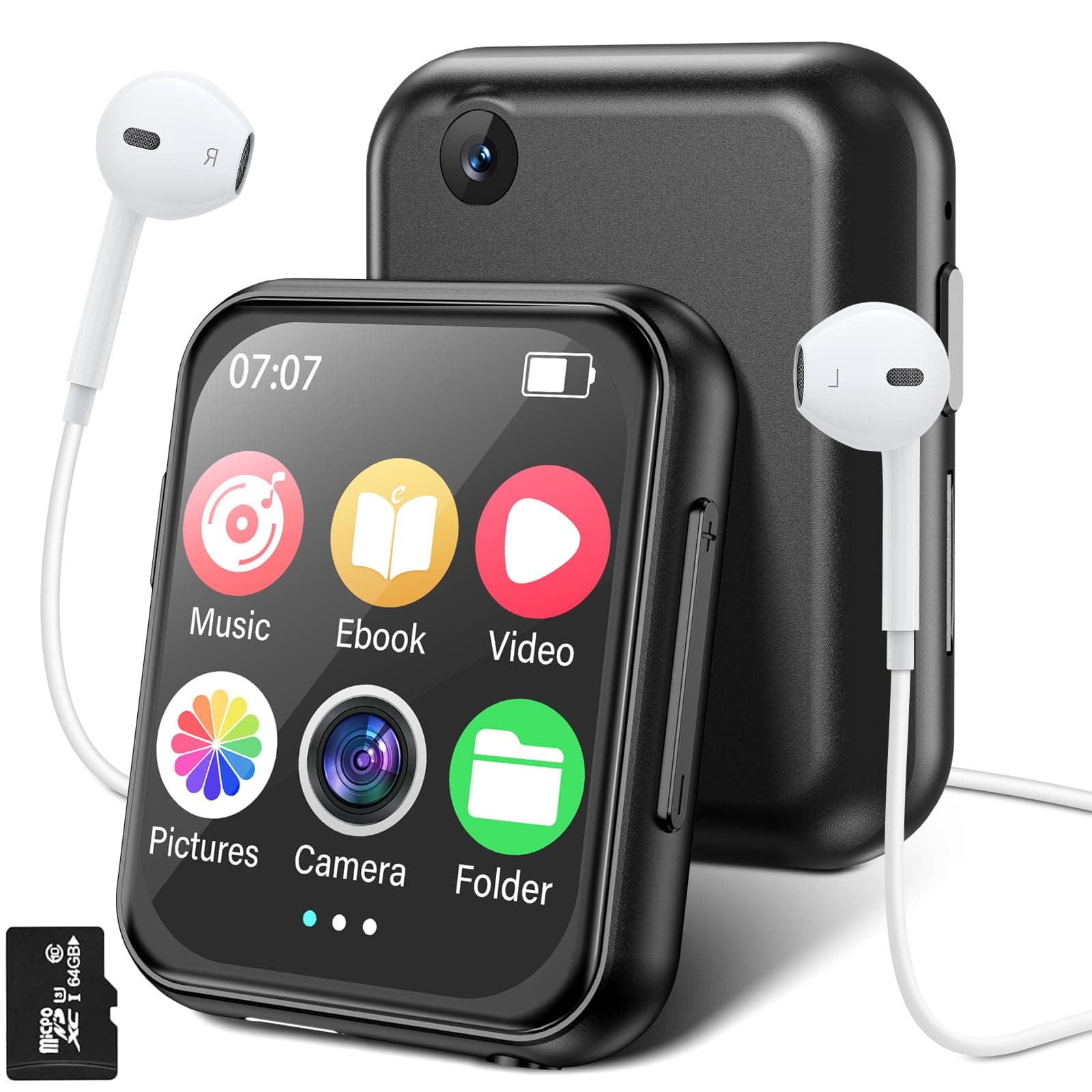 64GB MP3 Player Bluetooth 5.4 mit Kamera, Mini-Design HiFi-Sound Tragbarer Walkman Musik-Player mit Lautsprecher FM-Radio e-Book usw Ideal für Sport MP3-Player Schwarz