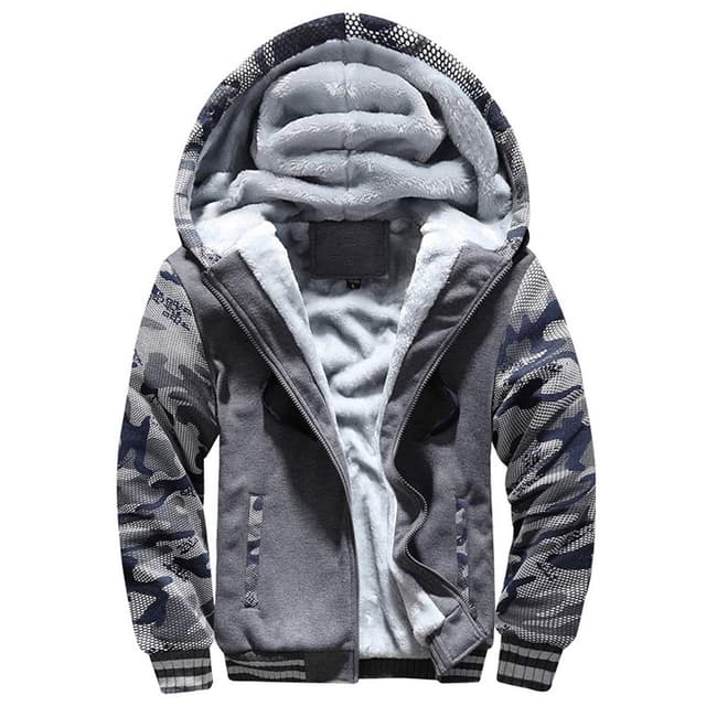 VSUSN Herren Kapuzenpullover mit Reißverschluss, Langarm Kapuzenjacke, Winter Warm Fleece-Innenseite Sweatshirt, Plus Dicke Fleecejacke, Sweatjacke Mit Kapuze Camouflage&grau L