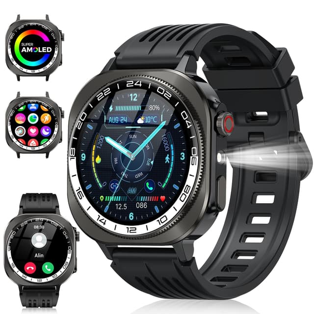 Soudorv Militär Smartwatch Herren Damen, 2025 Neu AMOLED Smart Watch mit Telefonfunktion, 1.43″ Fitnessuhr mit LED Taschenlampe/130+ Sportmodi/Herzfrequenz, IP68 Wasserdicht Sportuhr für iOS Android A-Schwarz