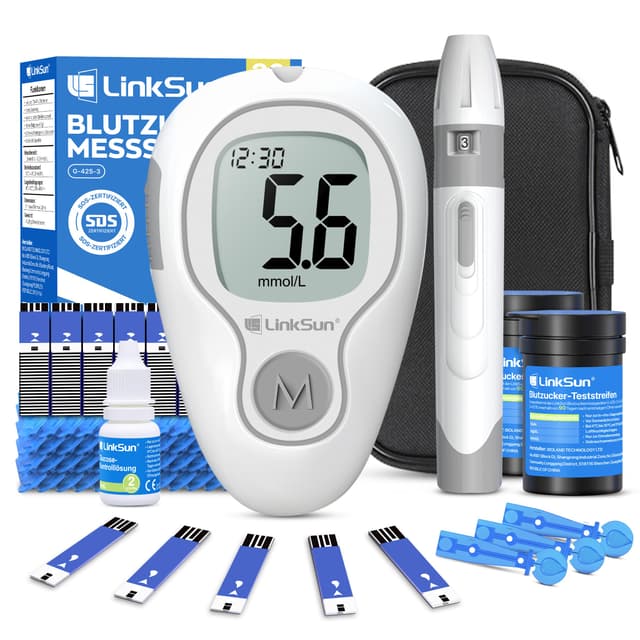 LinkSun 425-3 Blutzuckermessgerät-Set, 100 Teststreifen, 100 Lanzetten, 1 Blutzuckermessgerät, 1 Stechhilfe, 1 Glucose-Kontrolllösung, Glucometer für den Heimgebrauch, mmol/L & mg/dL G-425-3