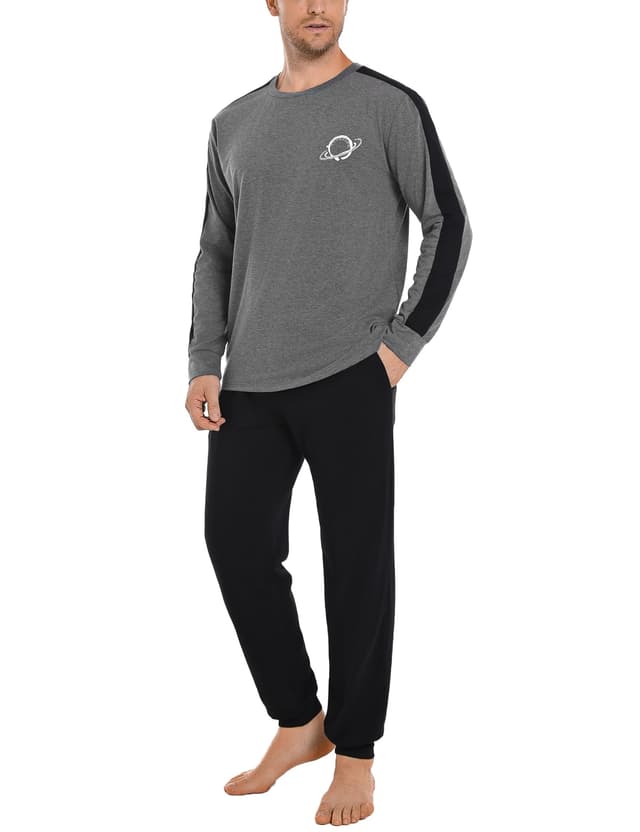 Crewhpo Schlafanzug Herren Lang Baumwolle Zweiteiliger Pyjama mit Rundhalsausschnitt Einfarbiger Schlafanzüge Männer Warm Nachtwäsche Langarm Loungewear Winter S-XXL