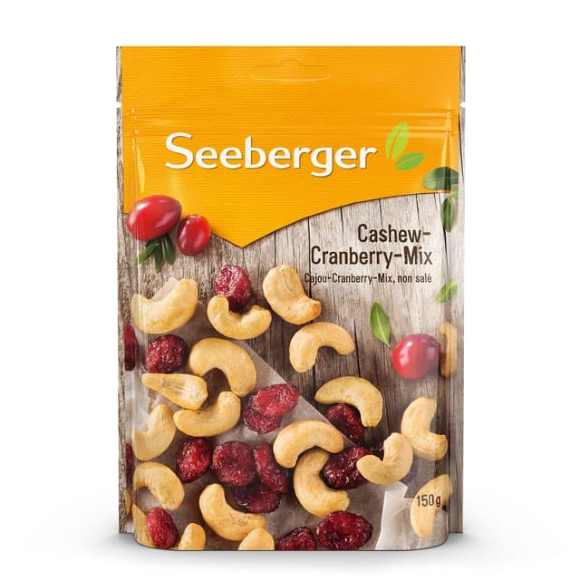 Seeberger Cashew-Cranberry-Mix 5er Pack, Knackige naturbelassene Cashewkerne mit Cranberries - süß-säuerliche Kombination - glutenfrei, vegan (5 x 150 g) Fruchtig 150 g (5er Pack)