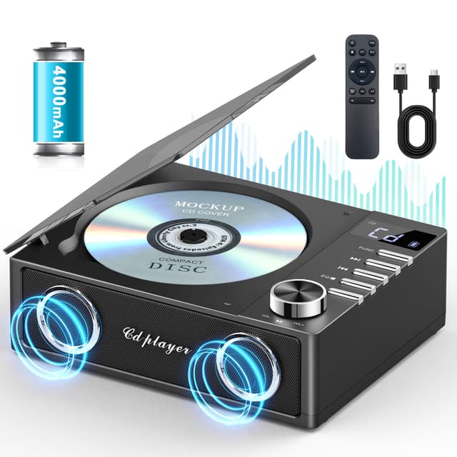 Greadio CD Player Tragbar mit Bluetooth 5.3, 4000mAh Wiederaufladbarer CD-Player mit Fernbedienung, HiFi-Sound-Lautsprecher, unterstützt USB, TF, AUX, LED-Display für Zuhause/Auto/Geschenk Schwarz