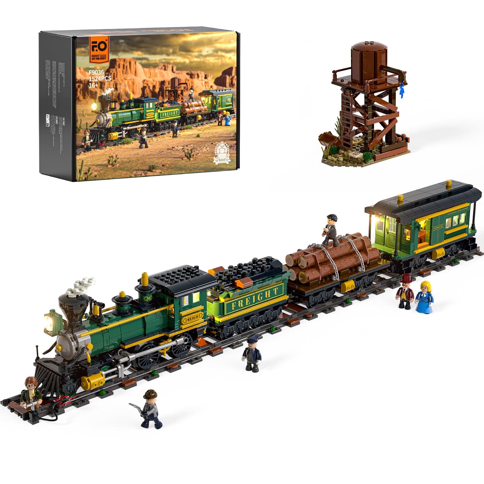 FUNWHOLE Western-Güterzug Bauset – 1524 PCS 4-4-0 Dampflok Modell mit Beleuchtung, Gleisen, Wasserturm & 6 Minifiguren – BAU- & Sammlerspielzeug für Erwachsene, Westliches Diorama & Geschenkidee