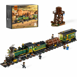 FUNWHOLE Western-Güterzug Bauset – 1524 PCS 4-4-0 Dampflok Modell mit Beleuchtung, Gleisen, Wasserturm & 6 Minifiguren – BAU- & Sammlerspielzeug für Erwachsene, Westliches Diorama & Geschenkidee