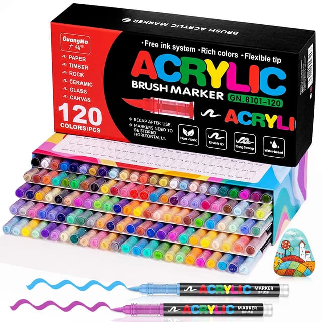 Vakki 120 Acrylstifte für steine wasserfest, Pinselspitze Acrylmarker, Acrylic marker Acrylmarker Set Perfekt für Steine Bemalen, Glas, Holz, Keramik, Metall & Leinwand 1 stück (120er Pack)