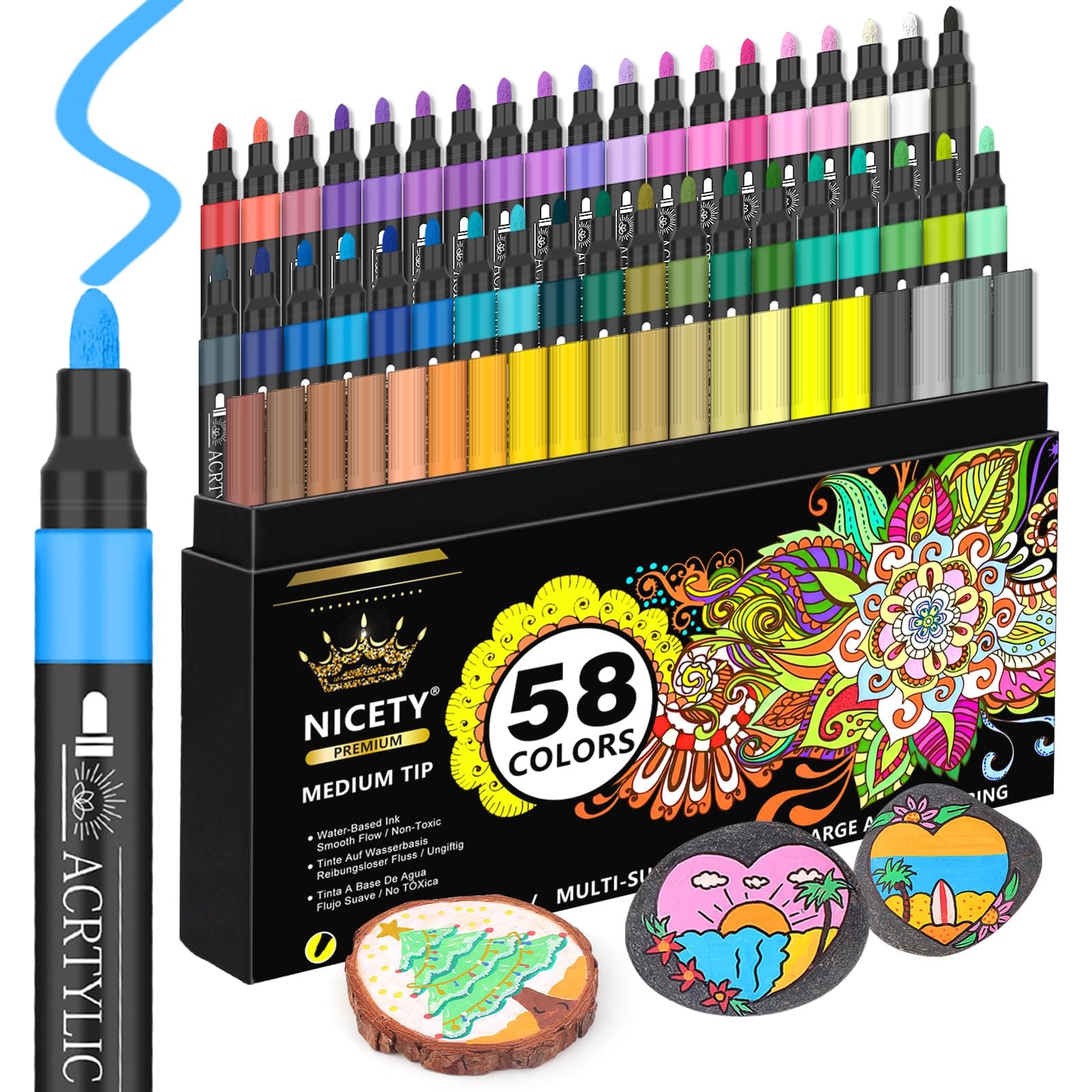 NICETY 58 Acrylstifte für Steine Wasserfest - 3mm Medium Tip Multimarker Porzellanstifte Acrylmarker für Glasmalstifte Leinwand Holz Stein Stoff Holz Leinwand Glas Lackstift