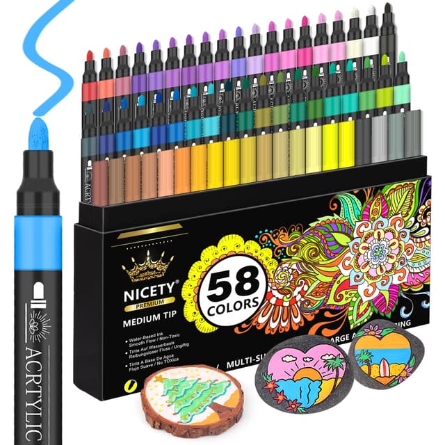 NICETY 58 Acrylstifte für Steine Wasserfest - 3mm Medium Tip Multimarker Porzellanstifte Acrylmarker für Glasmalstifte Leinwand Holz Stein Stoff Holz Leinwand Glas Lackstift