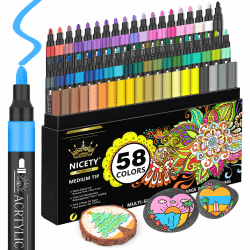 NICETY 58 Acrylstifte für Steine Wasserfest - 3mm Medium Tip Multimarker Porzellanstifte Acrylmarker für Glasmalstifte Leinwand Holz Stein Stoff Holz Leinwand Glas Lackstift