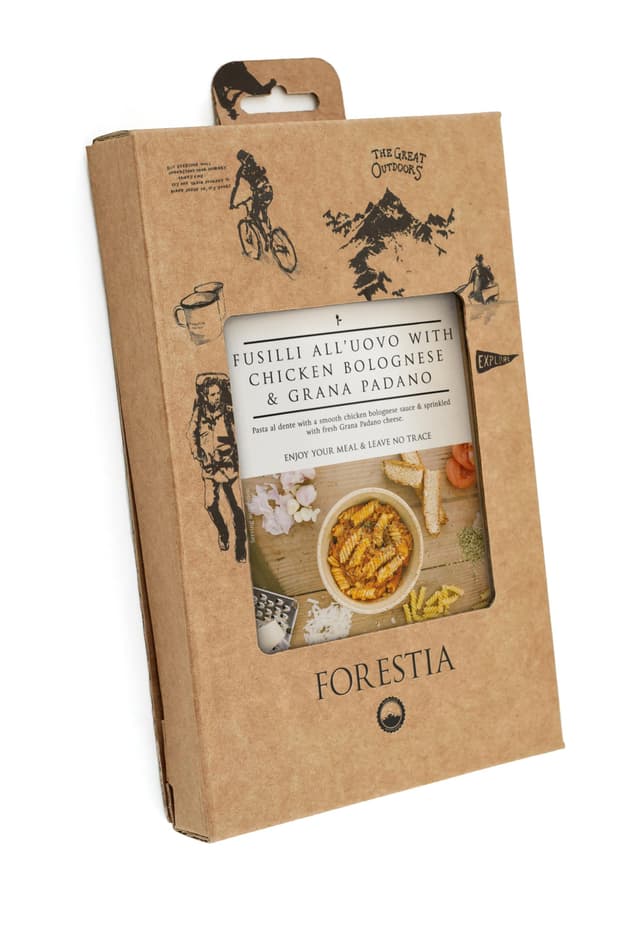 Forestia Eier-Spiralnudeln mit Hühnchen-Bolgonese und Grana Padano-SH mit Selbsterwärmenden Beutel| leicht zubereitete Trekkingmahlzeit | Hauptgericht mit Fleisch | lange haltbare Camping Notration