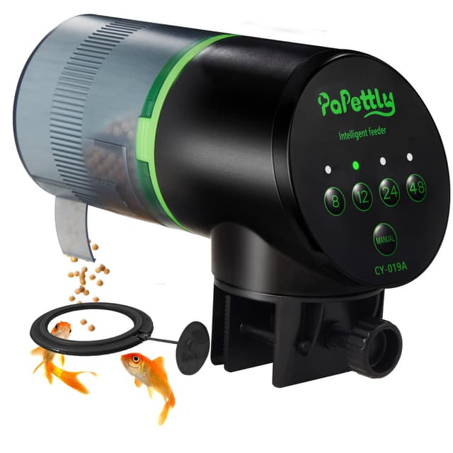 Papettly Futterautomat Aquarium, Automatischer Fischfutterautomat für Aquarium mit Batteriebetrieben, Fische Fischfutterspender 200ml, 2 AAA-Batterien im Lieferumfang enthalten, Fischfutterschwimmring AEPAFF0201-Schwarz