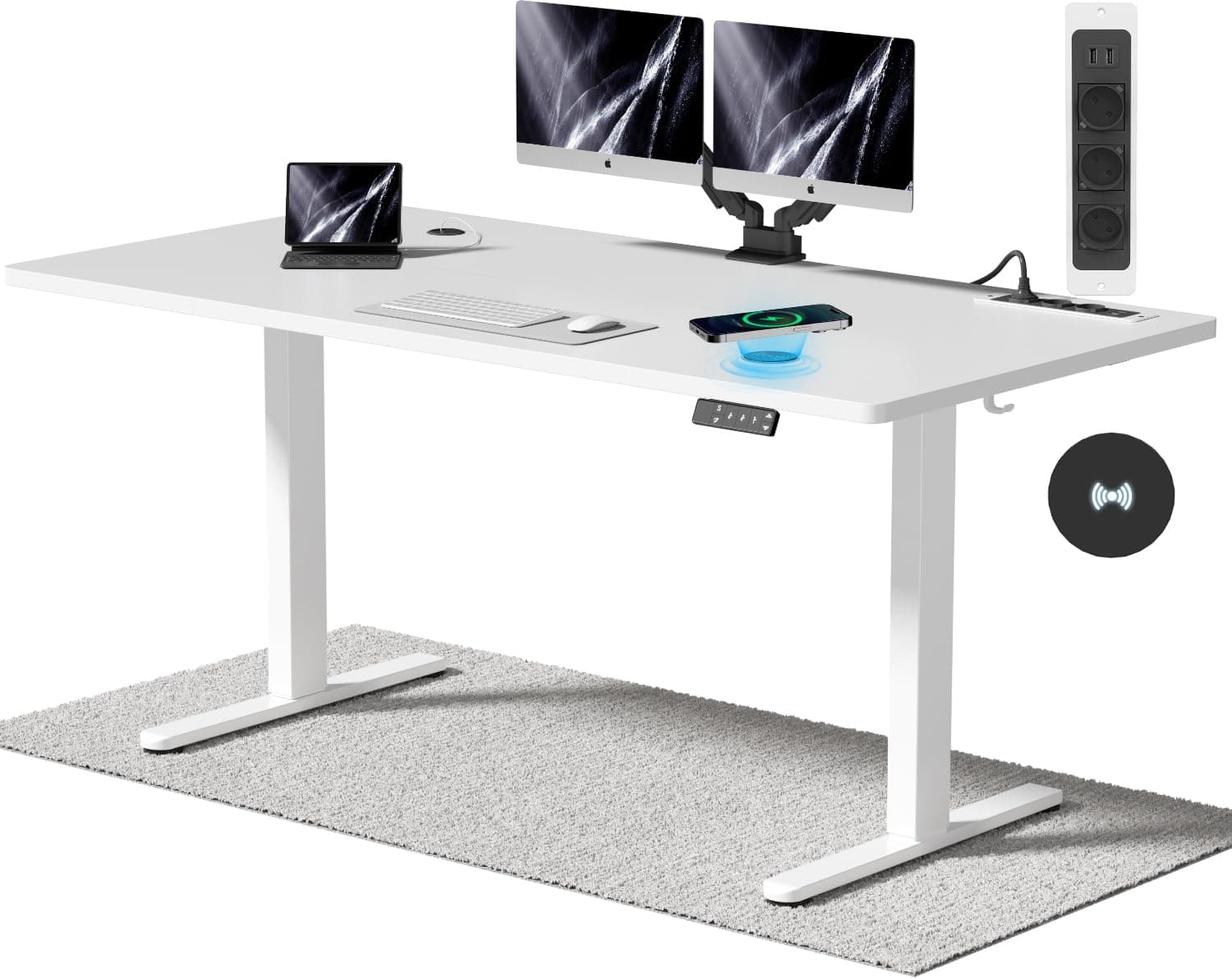 Airfish Höhenverstellbarer Schreibtisch mit Kabelloser Ladestation und Steckdose mit USB 160 x 80cm Computertisch Elektrisch Stehtisch mit 3-Funktions-Memory und Funktion zur Ermüdungs-Erinnerung 160 x 80 cm Weiß