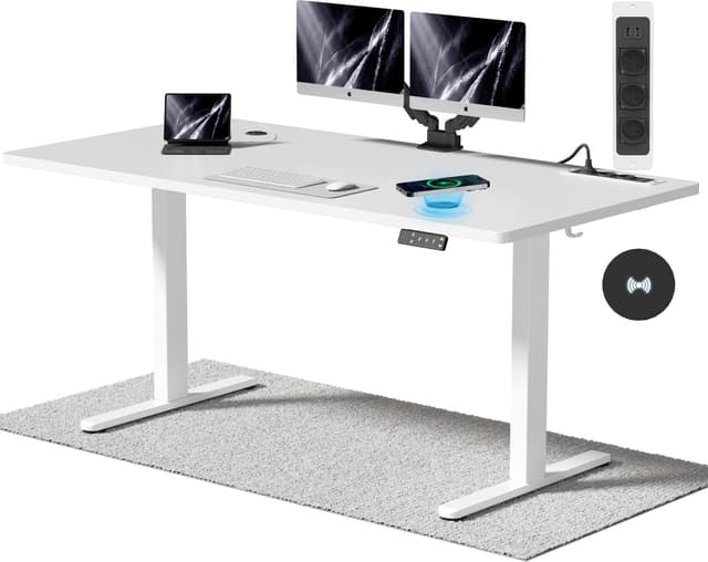 Airfish Höhenverstellbarer Schreibtisch mit Kabelloser Ladestation und Steckdose mit USB 160 x 80cm Computertisch Elektrisch Stehtisch mit 3-Funktions-Memory und Funktion zur Ermüdungs-Erinnerung 160 x 80 cm Weiß