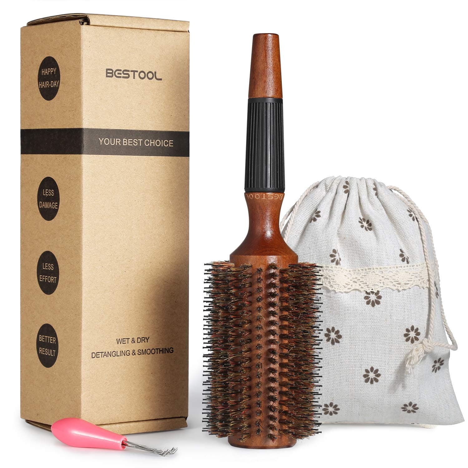 BESTOOL Rundbürste zum Föhnen, Wildschweinborsten Rundhaarbürste mit Holzfass, große runde Stylingbürste für Frauen und Männer, Glätten, Locken, Hinzufügen von Haar Volumen und Glanz (2.8 Inch)