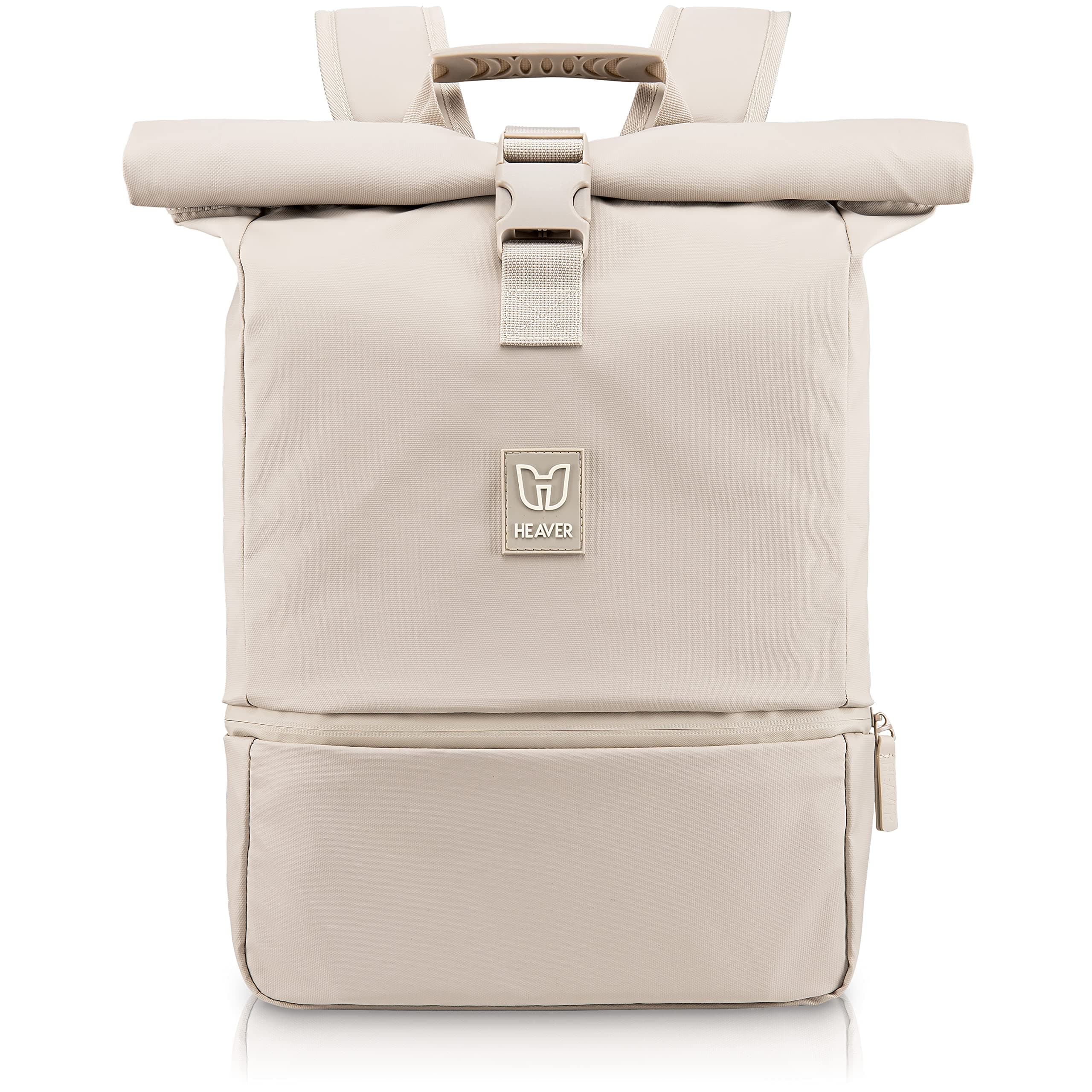 HEAVER® Rolltop Rucksack Damen & Herren, Rucksack mit Laptopfach, Uni Rucksack Damen, Rollrucksack Damen, Casual Daypack, Rucksäcke Damen, Laptop Rucksack wasserabweisend, Waterproof Backpack, Groß Sand
