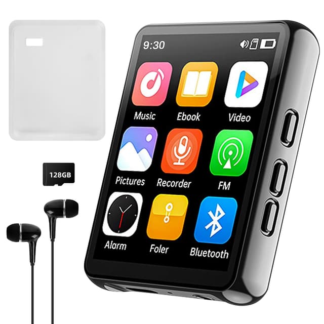 128GB MP3 Player mit Bluetooth, tragbarer digitaler Musikplayer mit Lautsprecher, 2.4" Full Touch Screen, HiFi Sound, FM Radio Recorder, kabelgebundene Kopfhörer inklusive, zum Laufen, Fitnessstudio Schwarz
