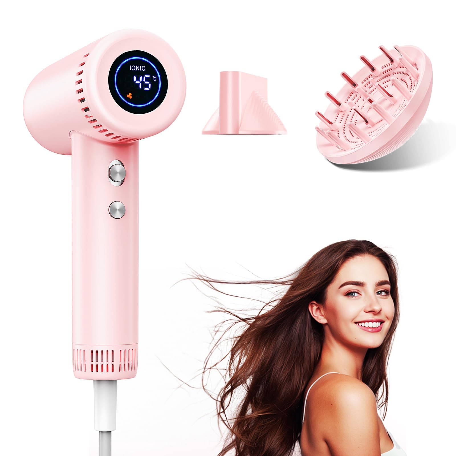 Ionen Föhn mit Diffusor - 160.000 U/min Hochgeschwindigkeits Haartrockner für Locken, Schnelltrocknend, Fön mit 500 Mio. Negative Ionen gegen Frizz, 9 Temperatur-Stufen, für Hause, Reisen, Salon 1-pack