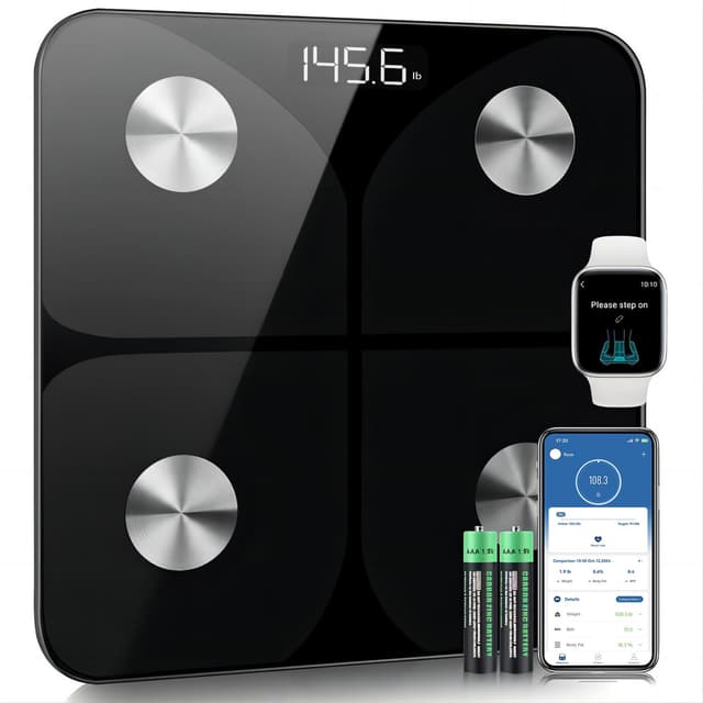 Körperfettwaage, Personenwaage Digital Testsieger 2024 mit APP 180kg /400lbs, Waage Personen Bluetooth Körperwaage Personen für Körperfett, BMI, Gewicht 30cm Schwarz 300mm/11.8"