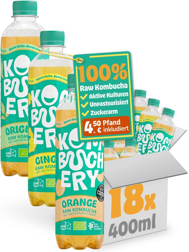 KOMBUCHERY® Mix Raw Kombucha BIO | 18 x 400ml | Fermentierter Tee mit aktiven Darm-Kulturen | Zuckerarm & Kalorienarm | Unpasteurisiert, Probiotisch, Vegan, Testsieger | inkl. 4,5€ PFAND Mix 18 x 400ml