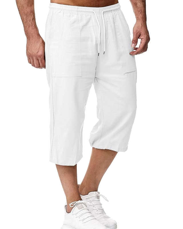 LVCBL Herren LeinenShorts 3/4 Länge Hosen Sommerhose Strand Yoga Jogger Casual Sweatpants XL Weiß