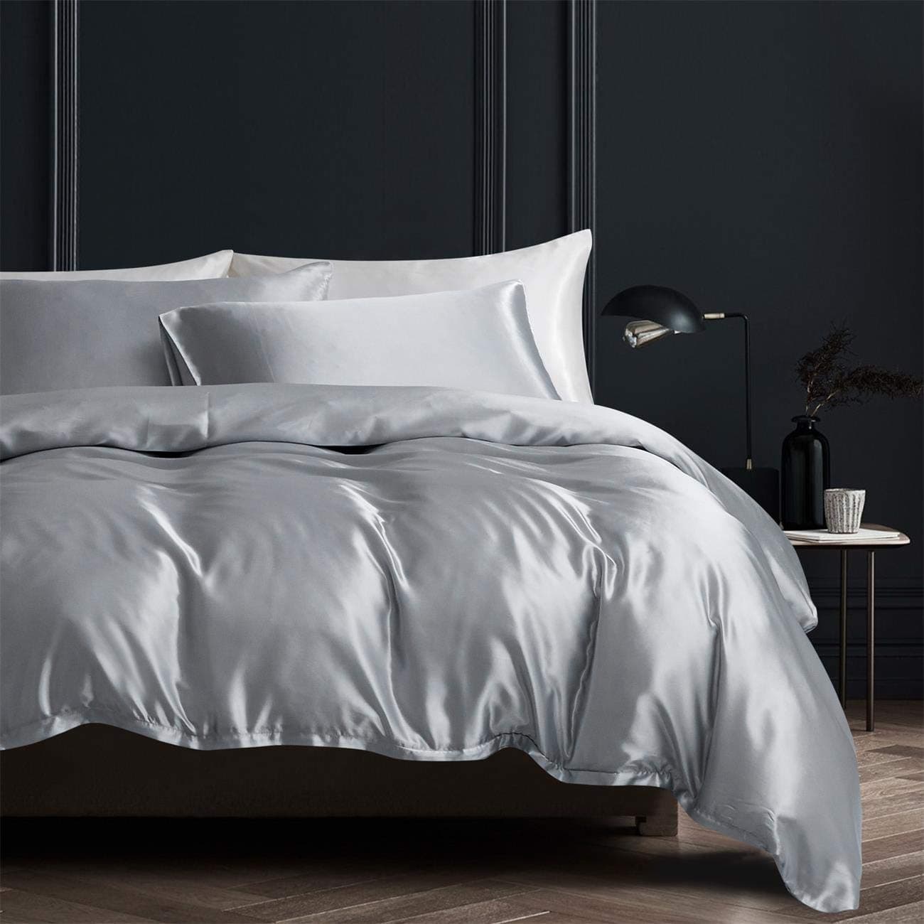 Damier Bettwäsche 200x200 Grau Satin Glatt Glänzend Bettbezug Set 3 Teilig Einfarbig Deluxe Bettwäsche mit Reißverschluss und 2 Kissenbezüge 80x80 cm Grau 200 x 200 cm